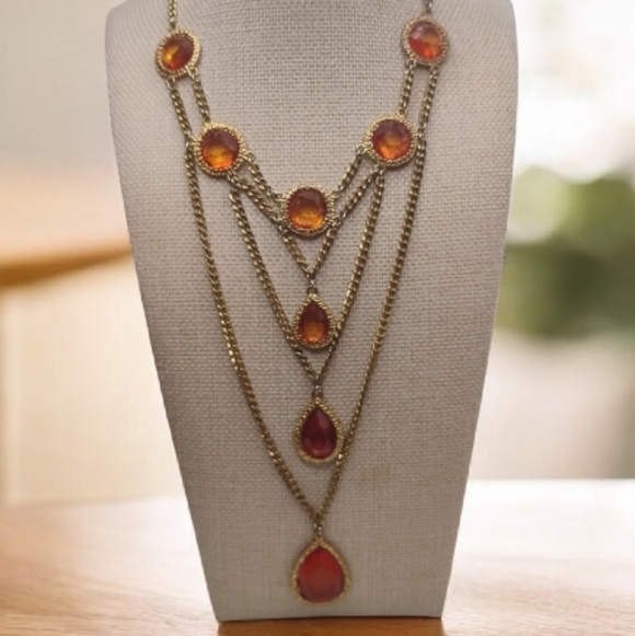 Whimsical Gold tone and Orange Layered Necklace Acrylic Gems - Picture 1 of 9